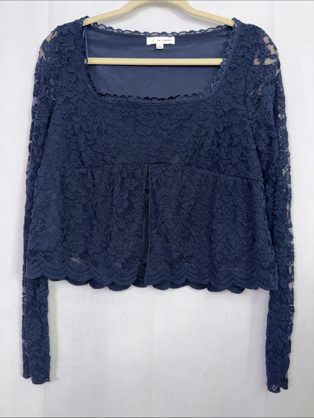 Cropped Navy Floral Lace Long Sleeve Babydoll Sheer Fairy Victorian Peplum Top